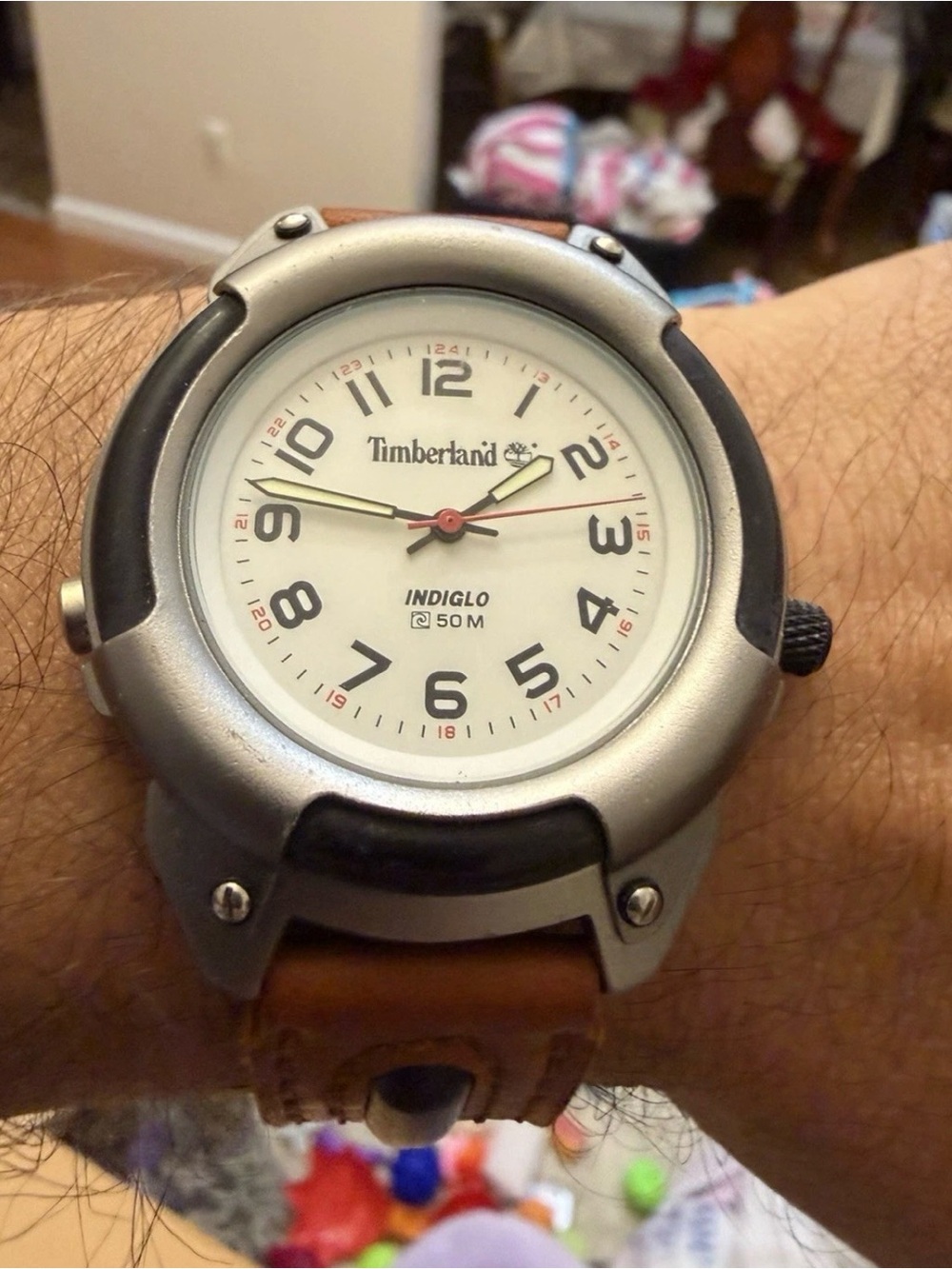Vintage Timberland Indiglo 42mm Mens Field Watch 50M WR White Dial Leather